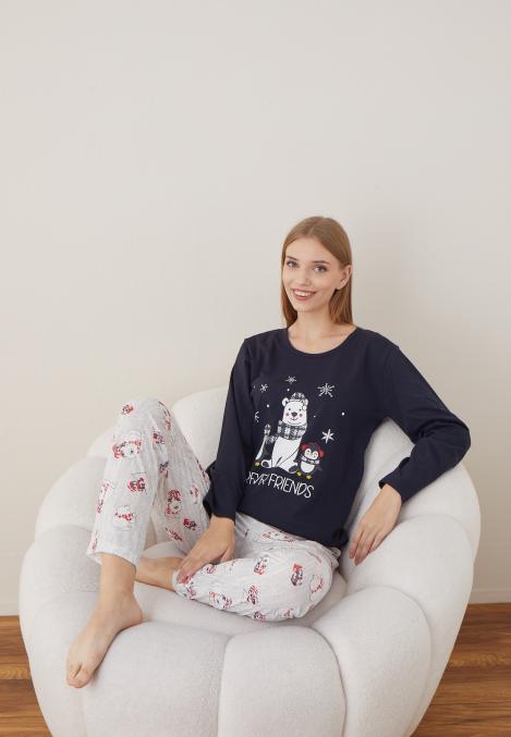 Pijama Dama Craciun "FOREVER FRIENDS" ,maneca lunga ,pantaloni lungi,Engros